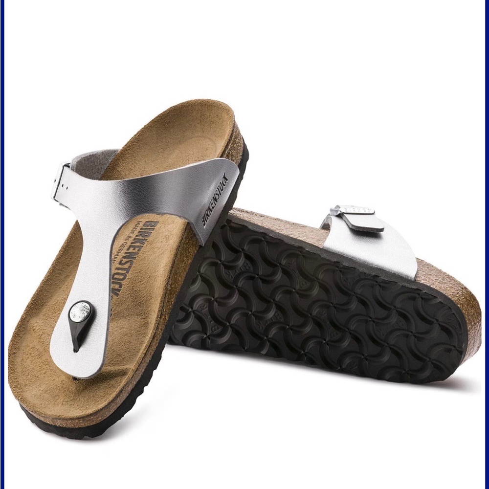 Birkenstock Birko-Flor Gizeh Sandals in Silver. Size 41